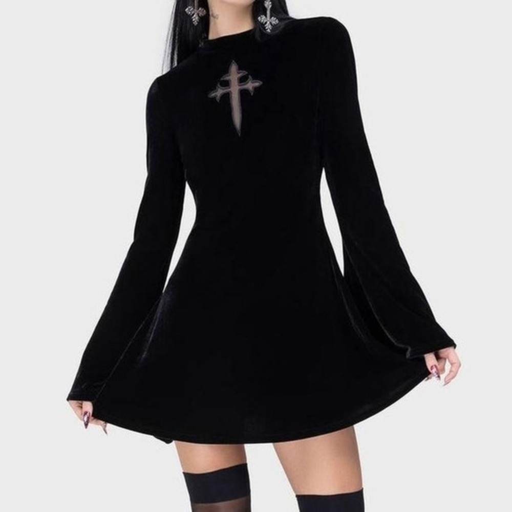 Killstar Serenade of shadows black velvet mini dress cross goth